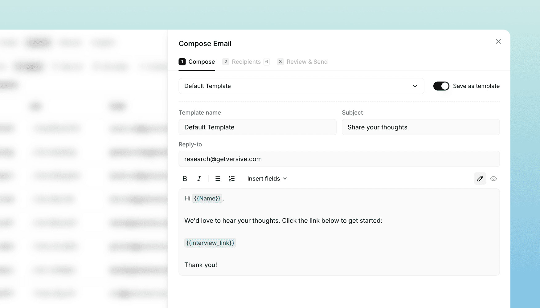 Email Outreach: invite participants from inside Versive
