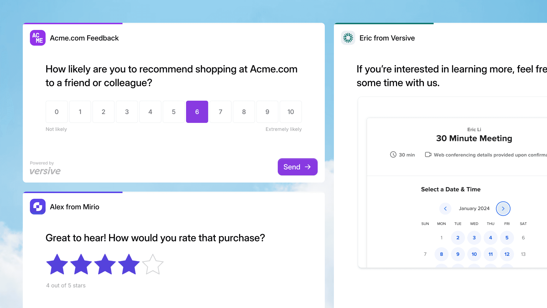 Rating questions, Calendly scheduling, and CSV exports